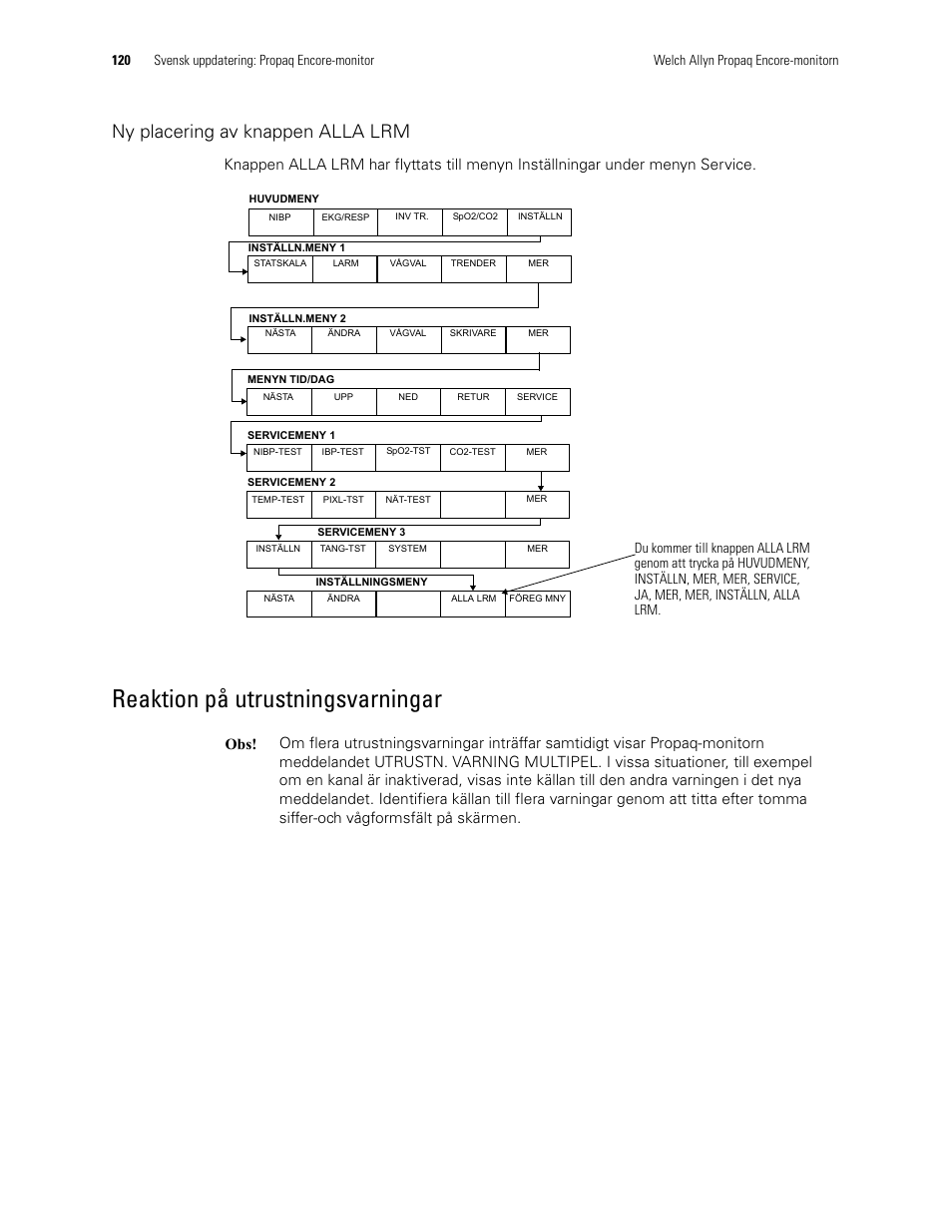 Ny placering av knappen alla lrm, Reaktion på utrustningsvarningar | Welch Allyn Propaq Encore Monitor - User Manual User Manual | Page 128 / 136