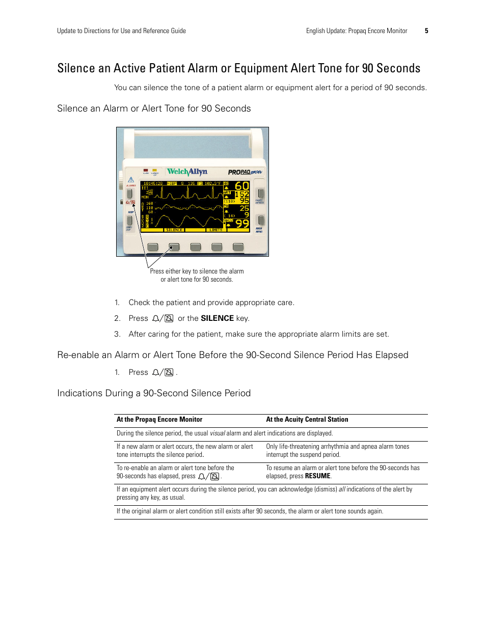 Silence an alarm or alert tone for 90 seconds, Indications during a 90-second silence period | Welch Allyn Propaq Encore Monitor - User Manual User Manual | Page 13 / 136