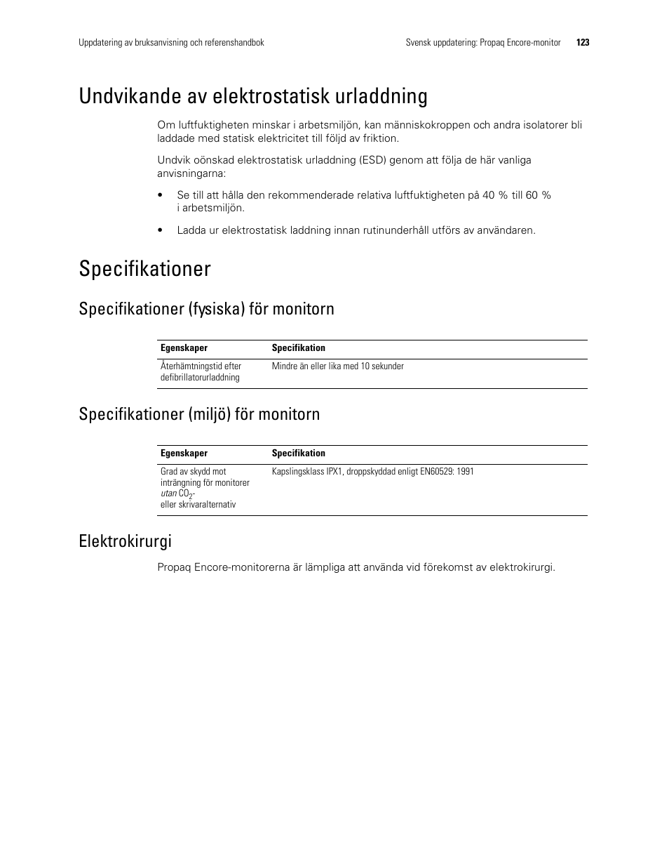 Undvikande av elektrostatisk urladdning, Specifikationer, Specifikationer (fysiska) för monitorn | Specifikationer (miljö) för monitorn, Elektrokirurgi | Welch Allyn Propaq Encore Monitor - User Manual User Manual | Page 131 / 136
