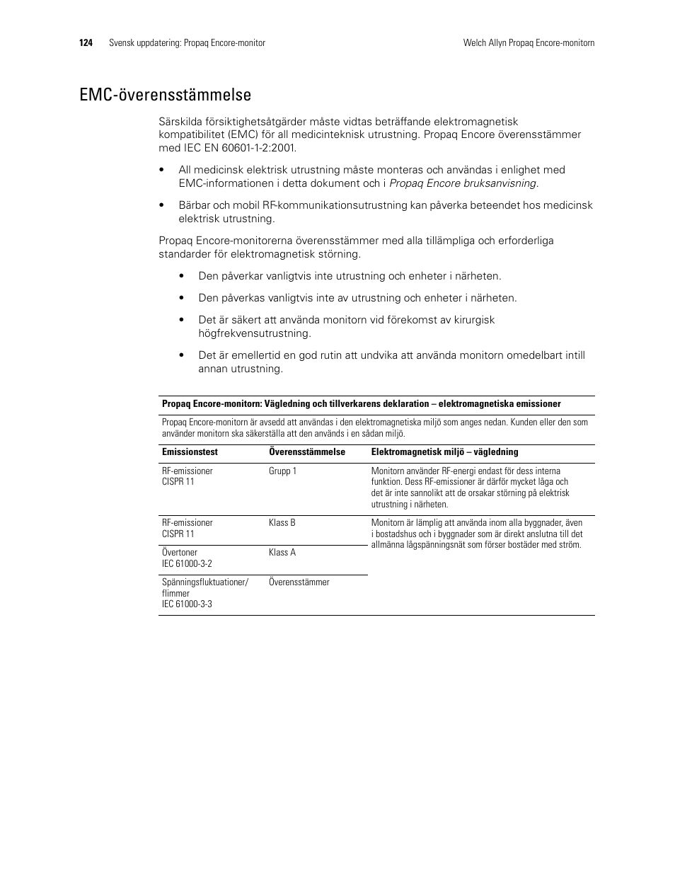 Emc-överensstämmelse | Welch Allyn Propaq Encore Monitor - User Manual User Manual | Page 132 / 136