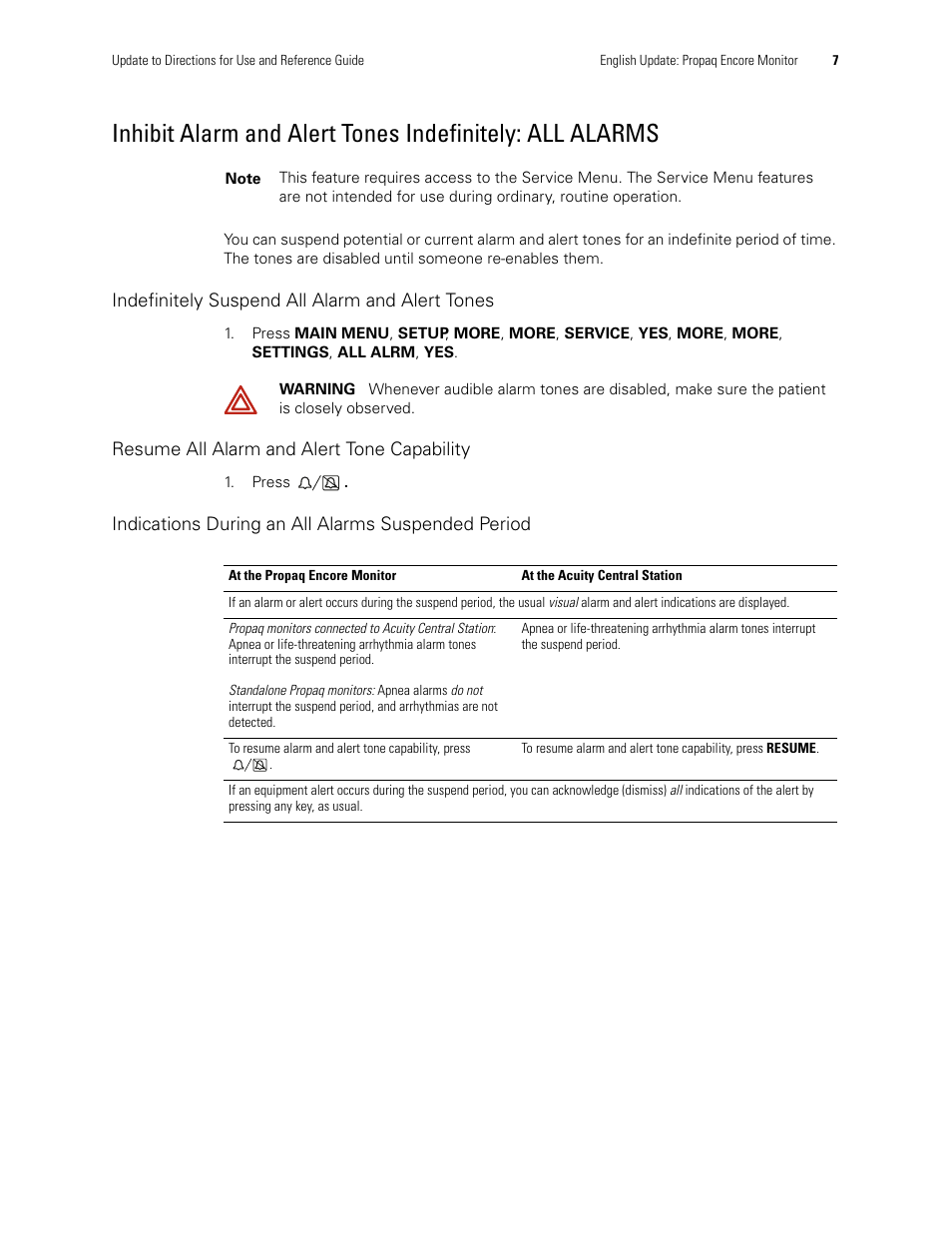 Indefinitely suspend all alarm and alert tones, Resume all alarm and alert tone capability, Indications during an all alarms suspended period | Welch Allyn Propaq Encore Monitor - User Manual User Manual | Page 15 / 136