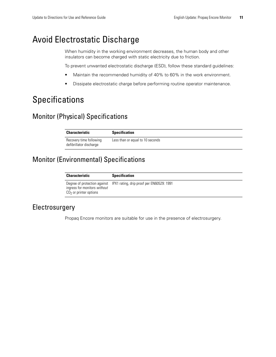 Avoid electrostatic discharge, Specifications, Monitor (physical) specifications | Monitor (environmental) specifications, Electrosurgery, Avoid electrostatic discharge specifications | Welch Allyn Propaq Encore Monitor - User Manual User Manual | Page 19 / 136