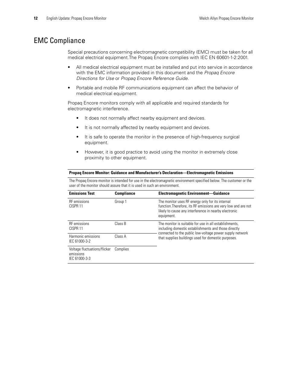 Emc compliance | Welch Allyn Propaq Encore Monitor - User Manual User Manual | Page 20 / 136