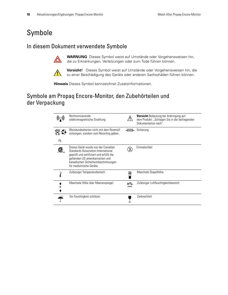 Symbole, In diesem dokument verwendete symbole, Verpackung | Welch Allyn Propaq Encore Monitor - User Manual User Manual | Page 26 / 136