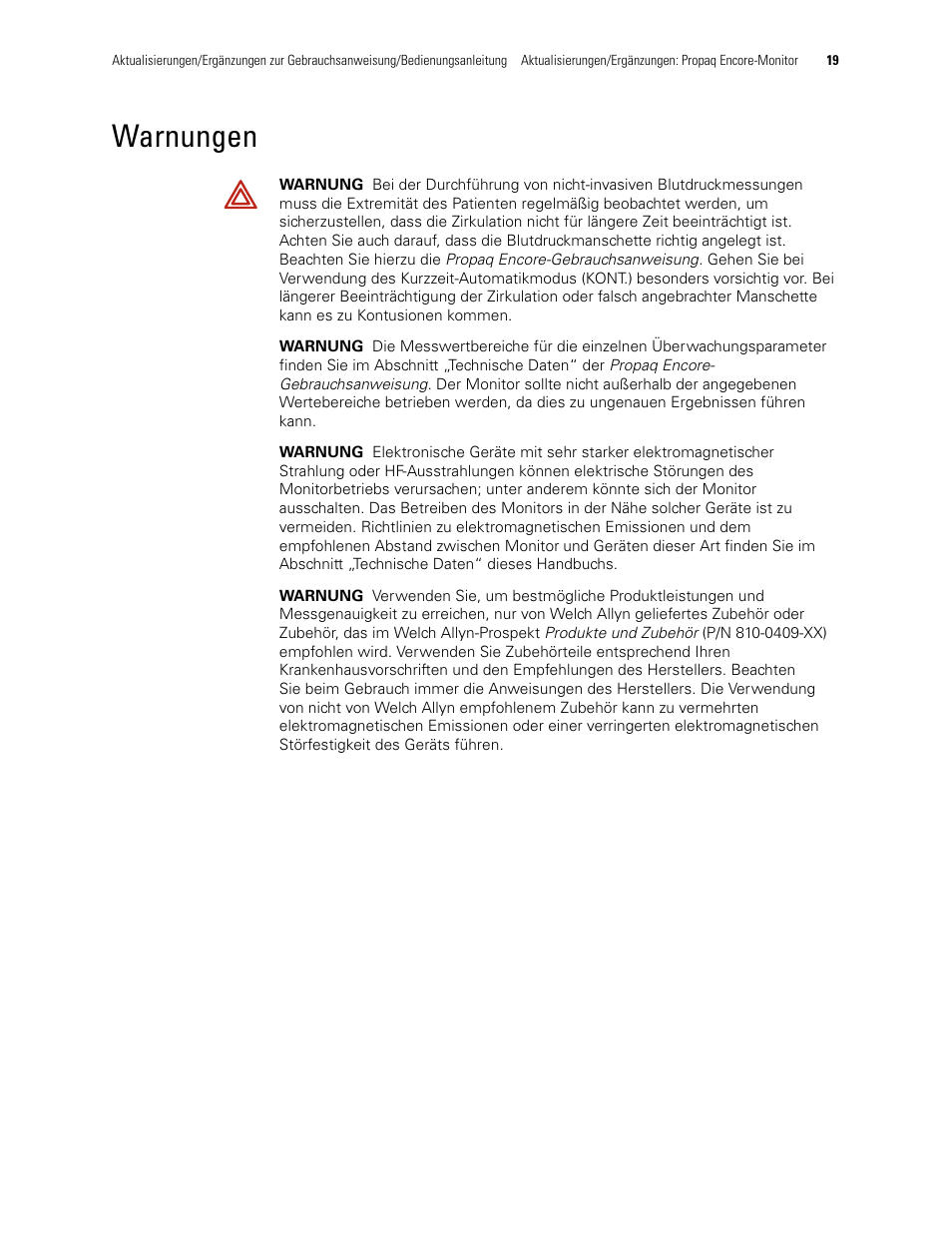 Warnungen | Welch Allyn Propaq Encore Monitor - User Manual User Manual | Page 27 / 136