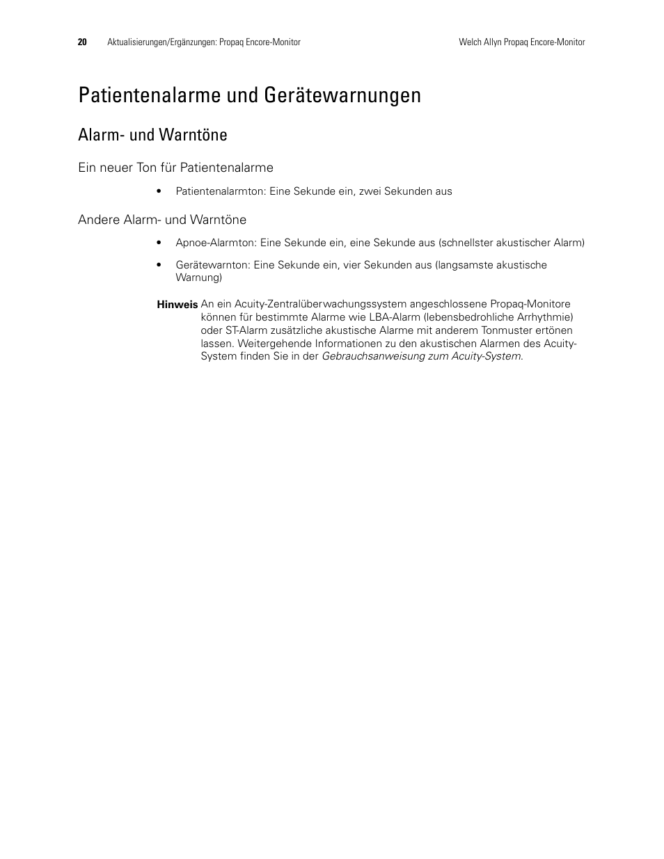 Patientenalarme und gerätewarnungen, Alarm- und warntöne, Ein neuer ton für patientenalarme | Andere alarm- und warntöne | Welch Allyn Propaq Encore Monitor - User Manual User Manual | Page 28 / 136