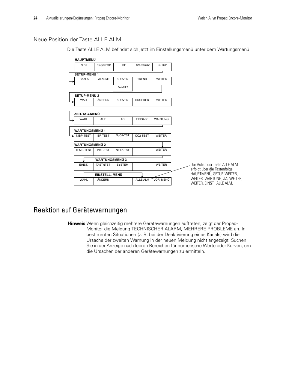 Neue position der taste alle alm, Reaktion auf gerätewarnungen | Welch Allyn Propaq Encore Monitor - User Manual User Manual | Page 32 / 136