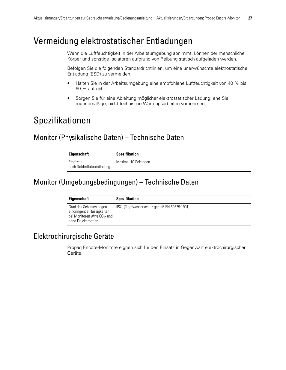 Vermeidung elektrostatischer entladungen, Spezifikationen, Monitor (physikalische daten) - technische daten | Monitor (umgebungsbedingungen) - technische daten, Elektrochirurgische geräte | Welch Allyn Propaq Encore Monitor - User Manual User Manual | Page 35 / 136