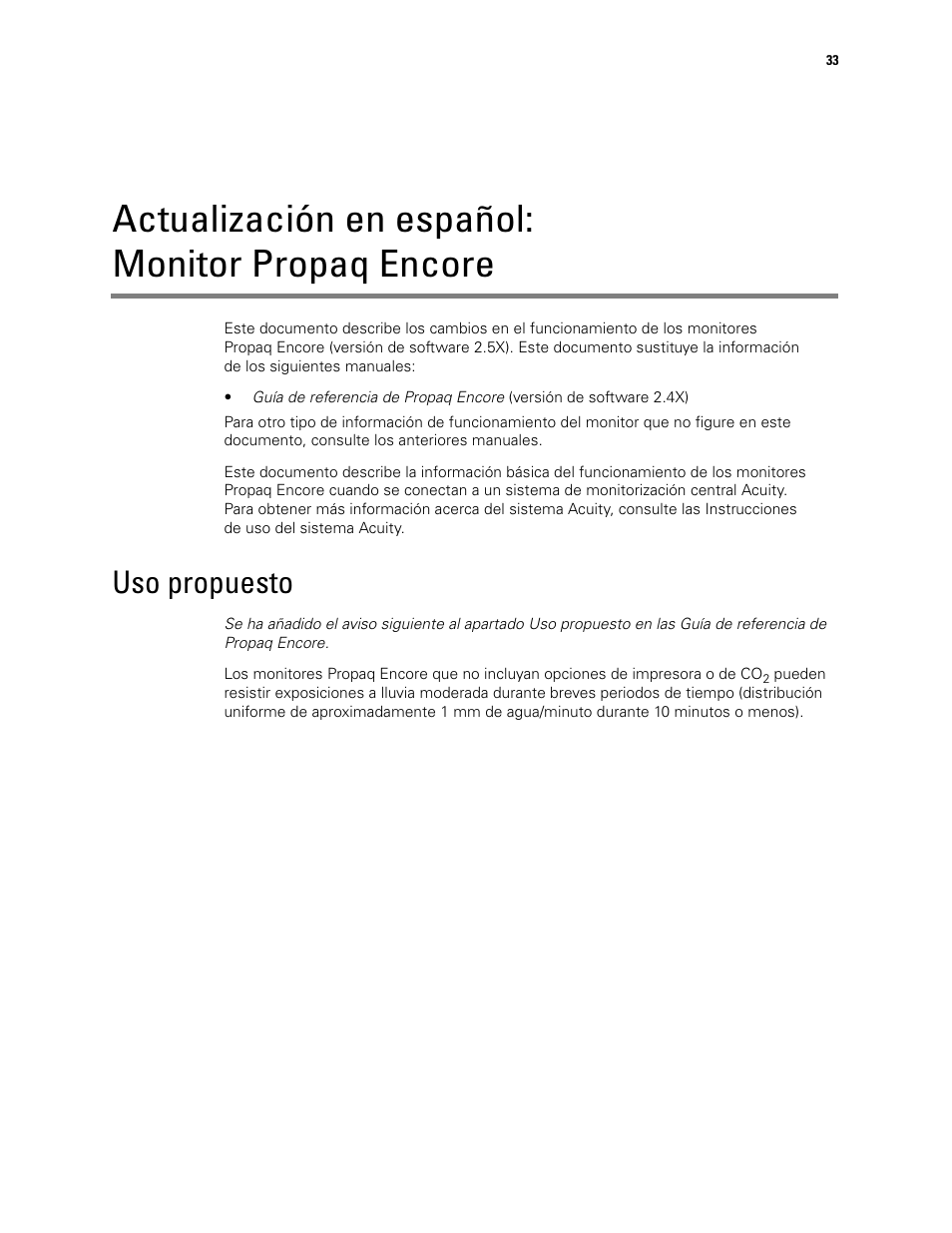 Actualización en español: monitor propaq encore, Uso propuesto | Welch Allyn Propaq Encore Monitor - User Manual User Manual | Page 41 / 136