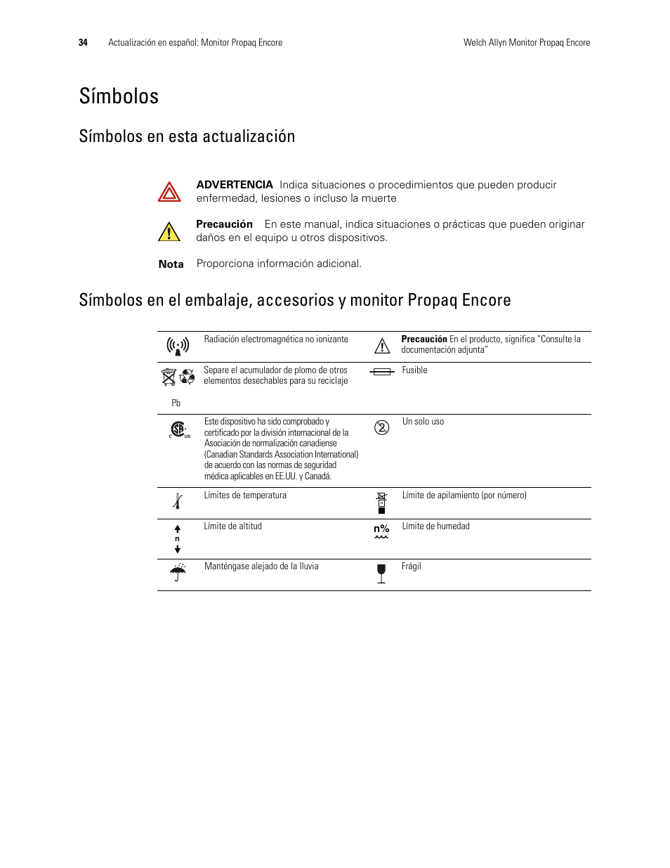 Símbolos, Símbolos en esta actualización | Welch Allyn Propaq Encore Monitor - User Manual User Manual | Page 42 / 136