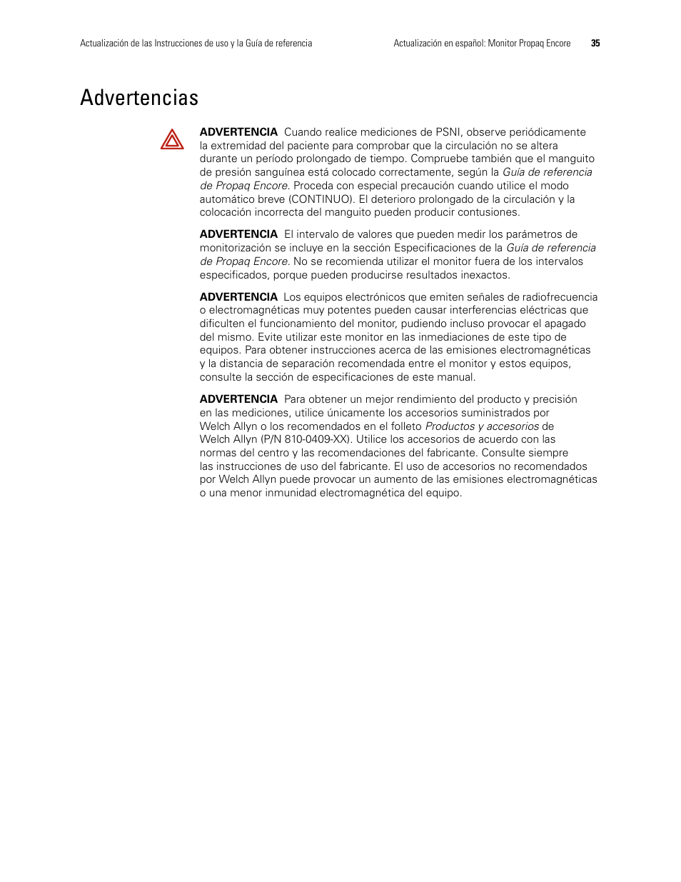 Advertencias | Welch Allyn Propaq Encore Monitor - User Manual User Manual | Page 43 / 136