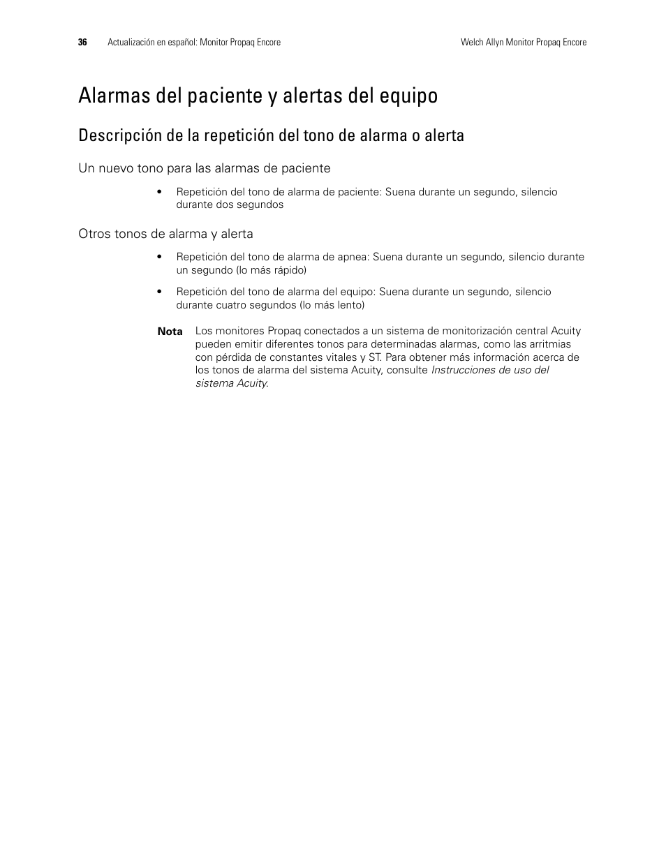 Alarmas del paciente y alertas del equipo, Un nuevo tono para las alarmas de paciente, Otros tonos de alarma y alerta | Welch Allyn Propaq Encore Monitor - User Manual User Manual | Page 44 / 136