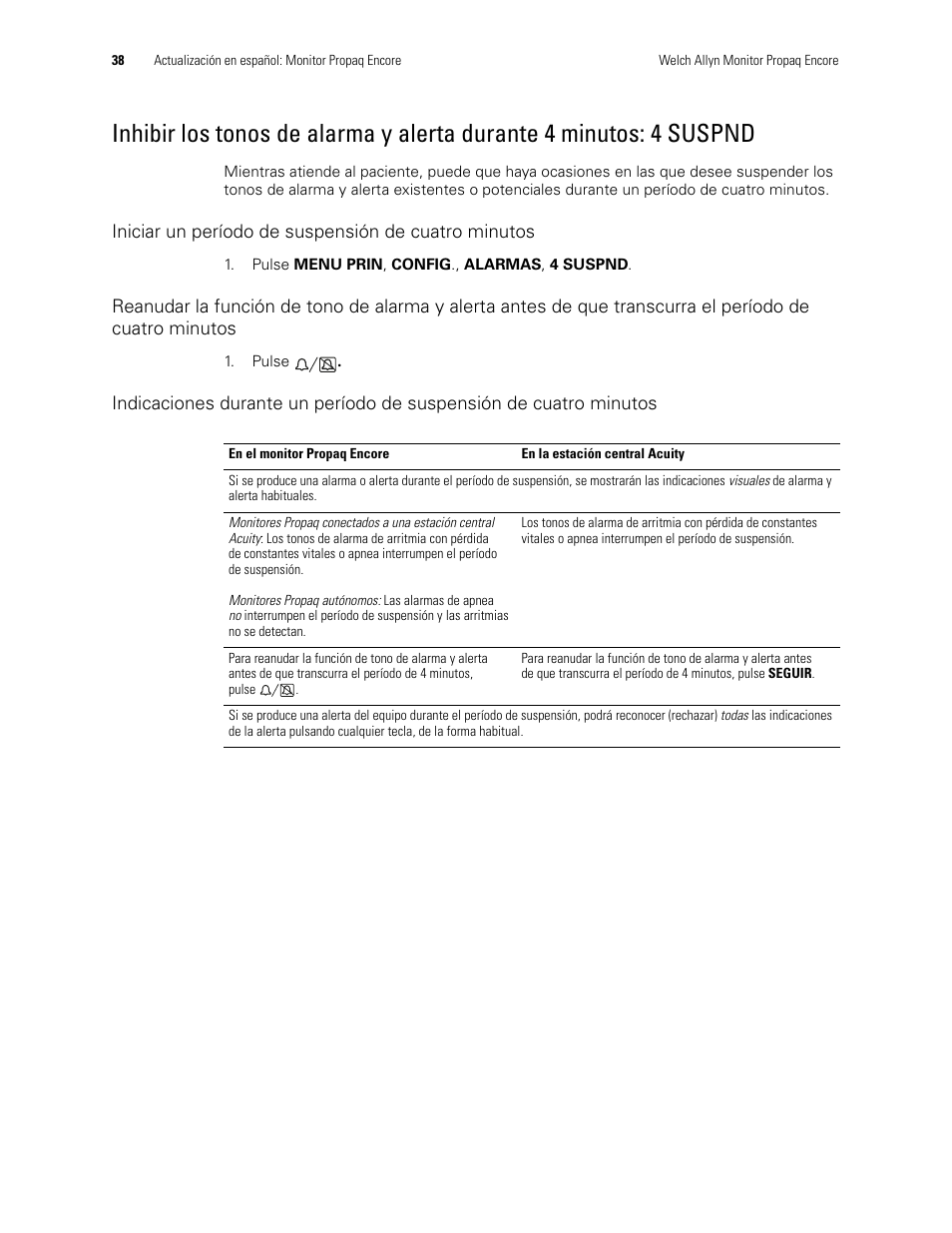 Iniciar un período de suspensión de cuatro minutos | Welch Allyn Propaq Encore Monitor - User Manual User Manual | Page 46 / 136