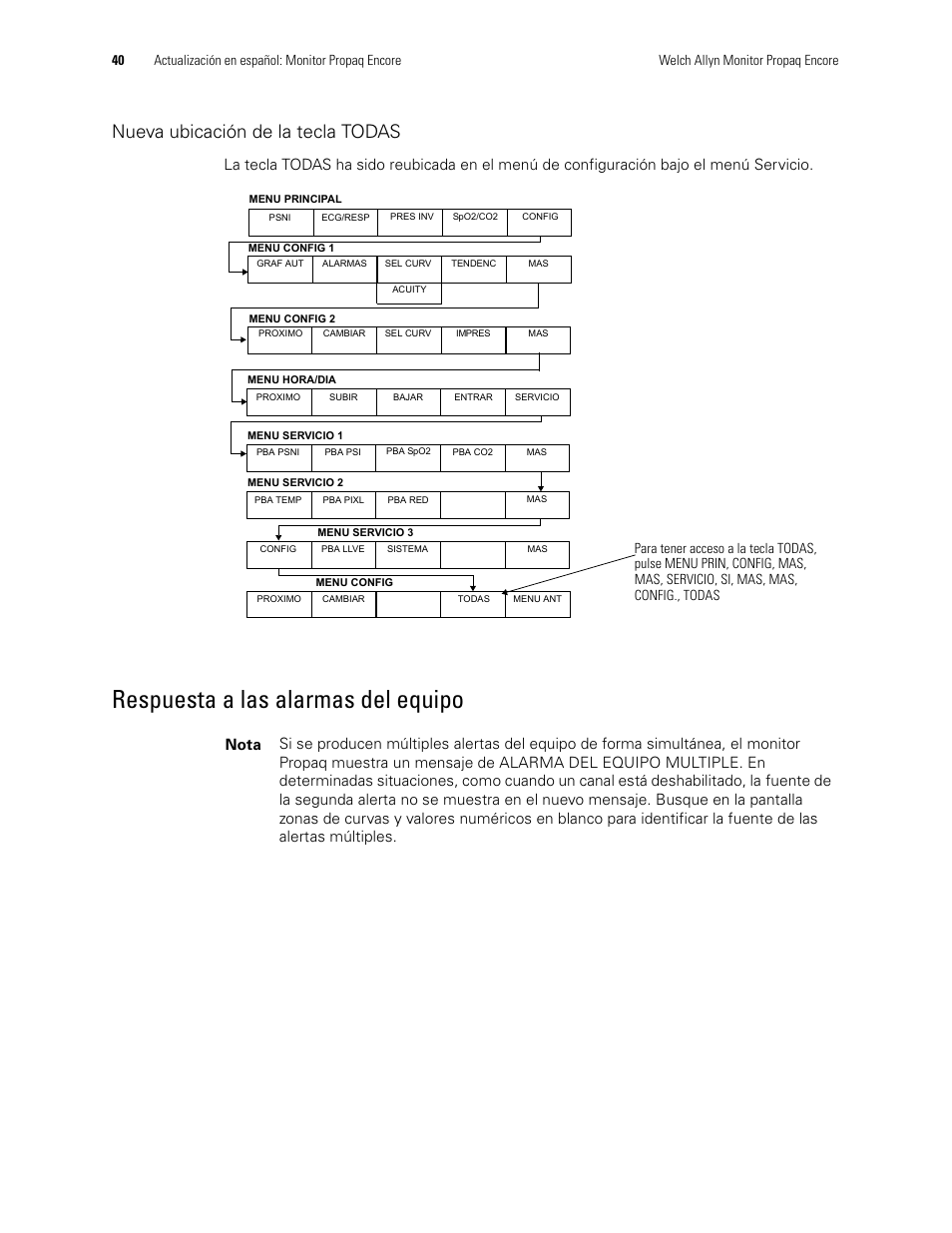 Nueva ubicación de la tecla todas, Respuesta a las alarmas del equipo | Welch Allyn Propaq Encore Monitor - User Manual User Manual | Page 48 / 136