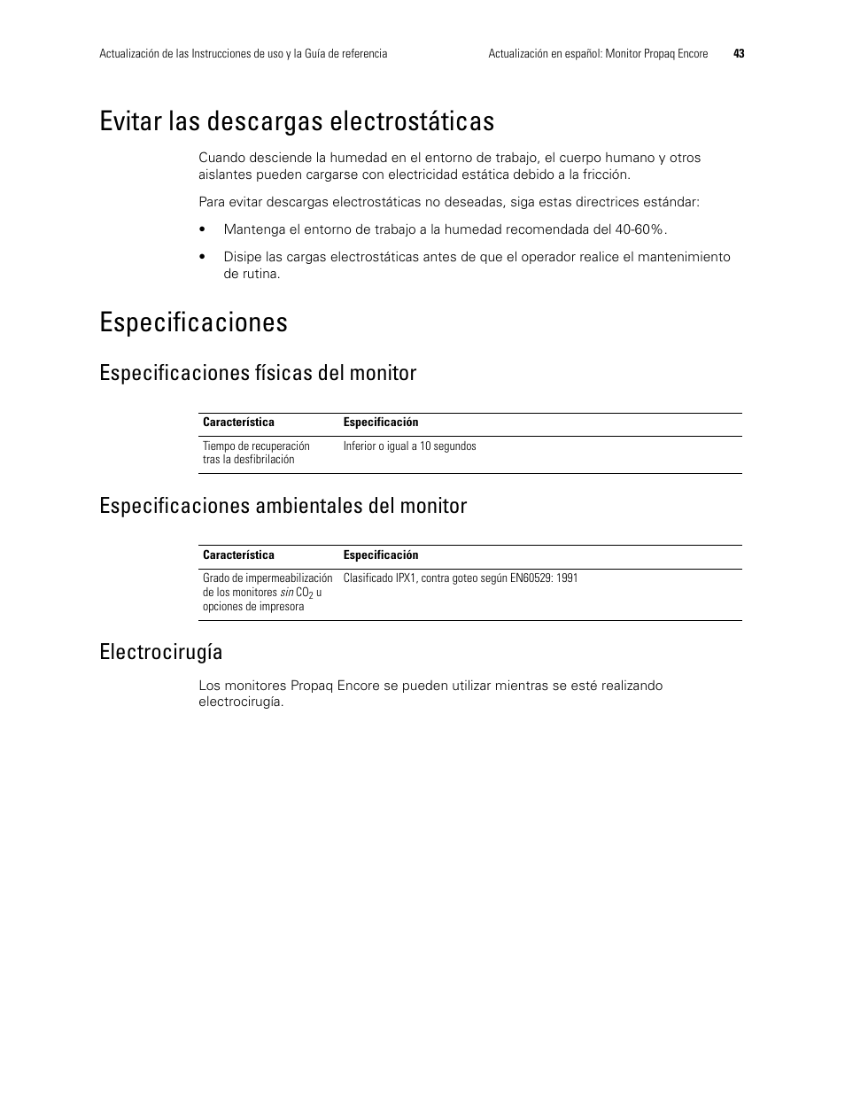 Evitar las descargas electrostáticas, Especificaciones, Especificaciones físicas del monitor | Especificaciones ambientales del monitor, Electrocirugía | Welch Allyn Propaq Encore Monitor - User Manual User Manual | Page 51 / 136