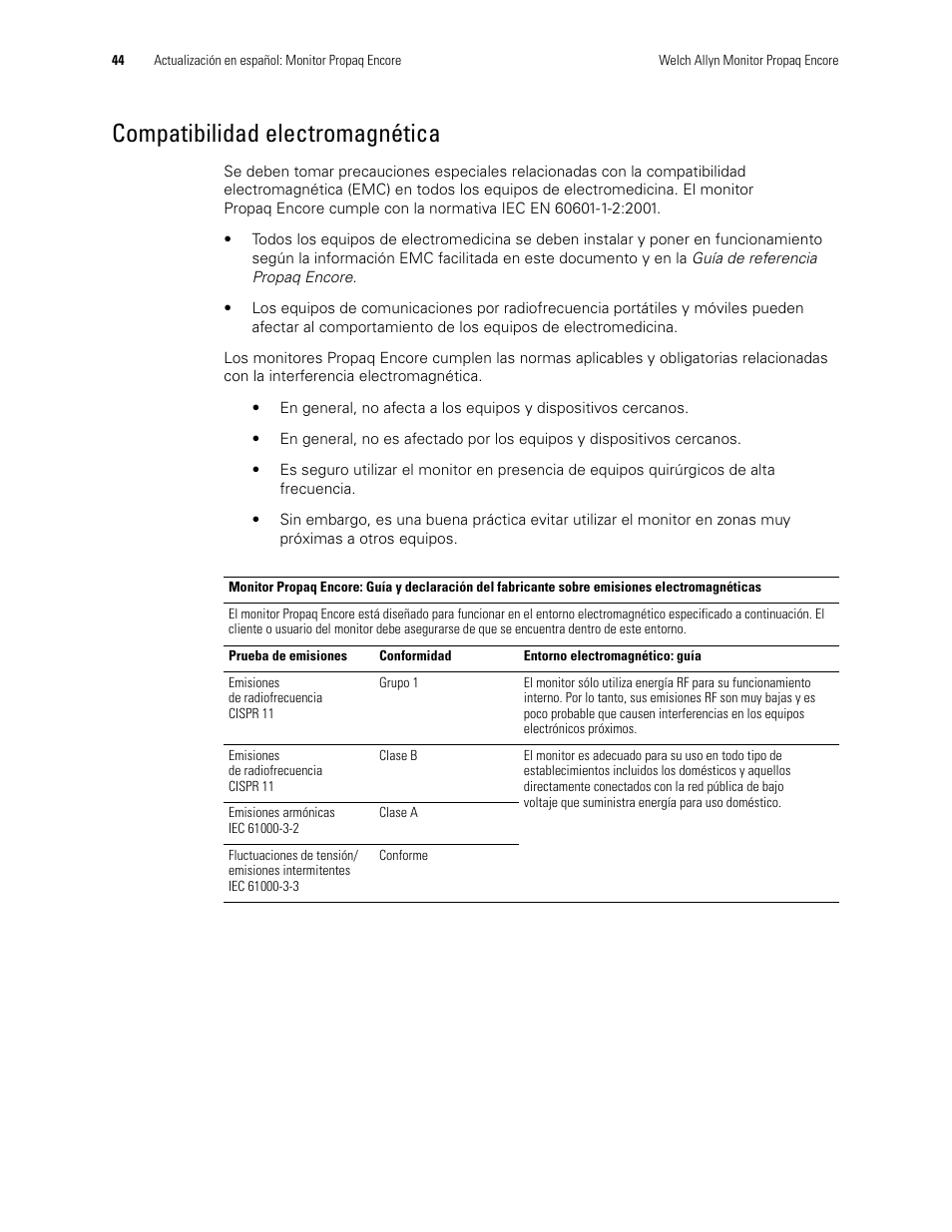 Compatibilidad electromagnética | Welch Allyn Propaq Encore Monitor - User Manual User Manual | Page 52 / 136