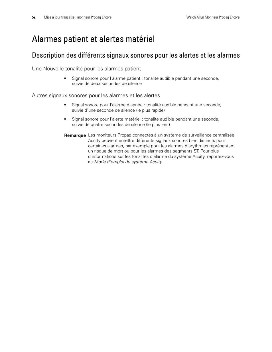 Alarmes patient et alertes matériel, Une nouvelle tonalité pour les alarmes patient | Welch Allyn Propaq Encore Monitor - User Manual User Manual | Page 60 / 136