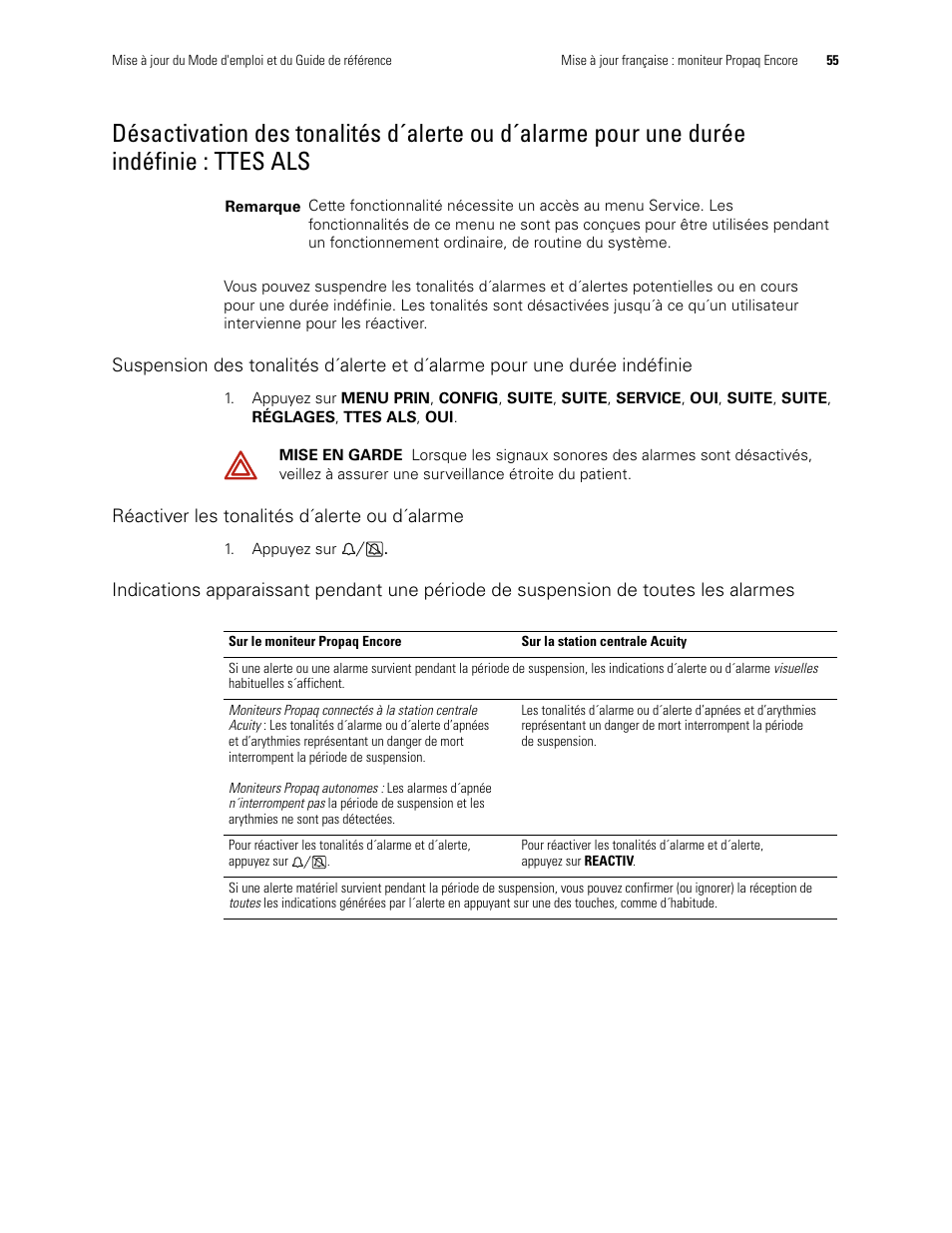 Réactiver les tonalités d´alerte ou d´alarme, Indéfinie : ttes als | Welch Allyn Propaq Encore Monitor - User Manual User Manual | Page 63 / 136