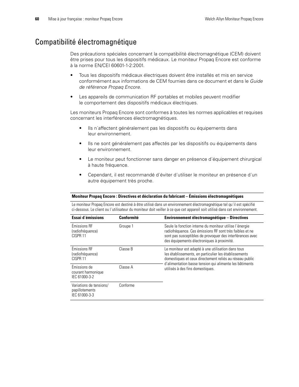 Compatibilité électromagnétique | Welch Allyn Propaq Encore Monitor - User Manual User Manual | Page 68 / 136