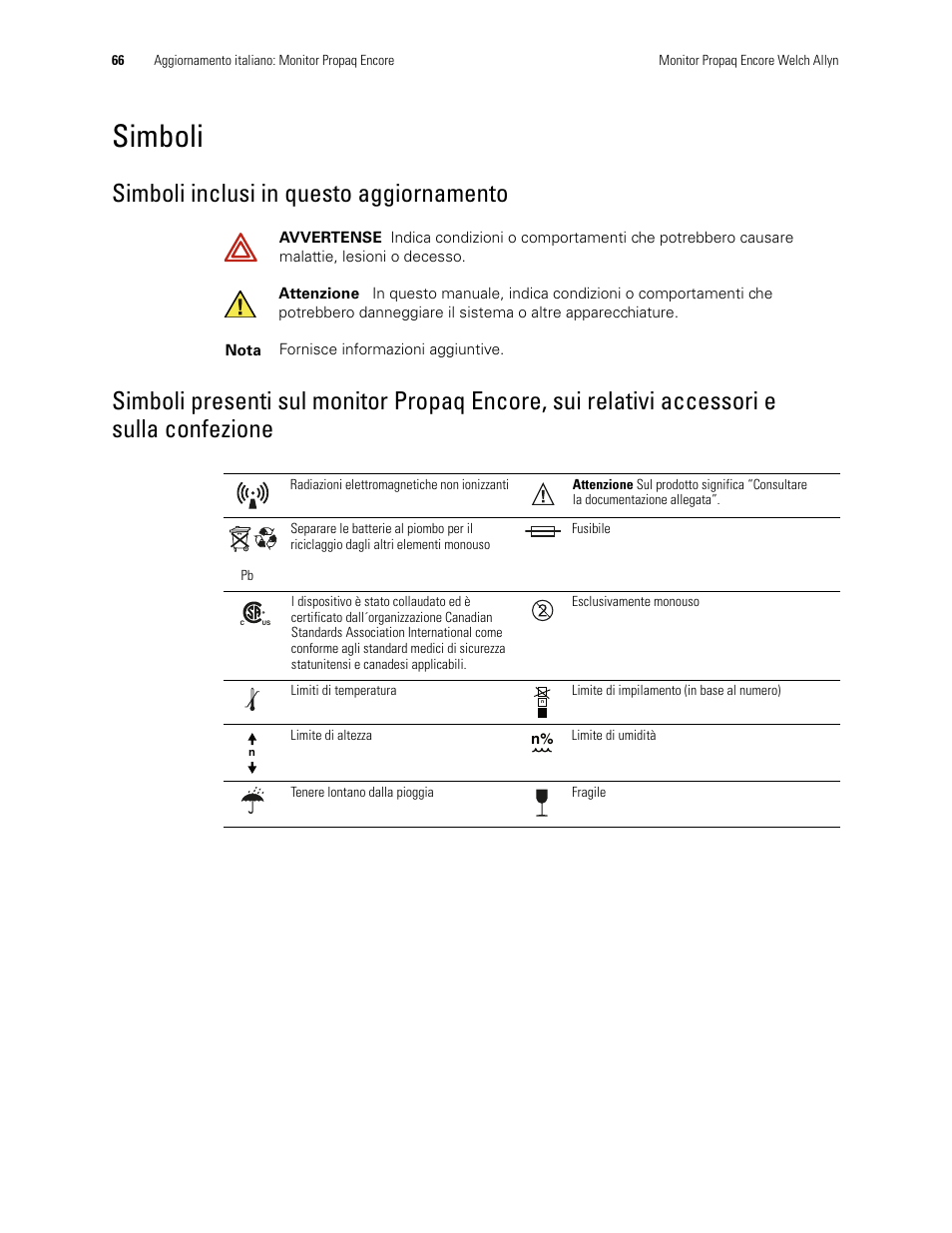 Simboli, Simboli inclusi in questo aggiornamento, Sulla confezione | Welch Allyn Propaq Encore Monitor - User Manual User Manual | Page 74 / 136