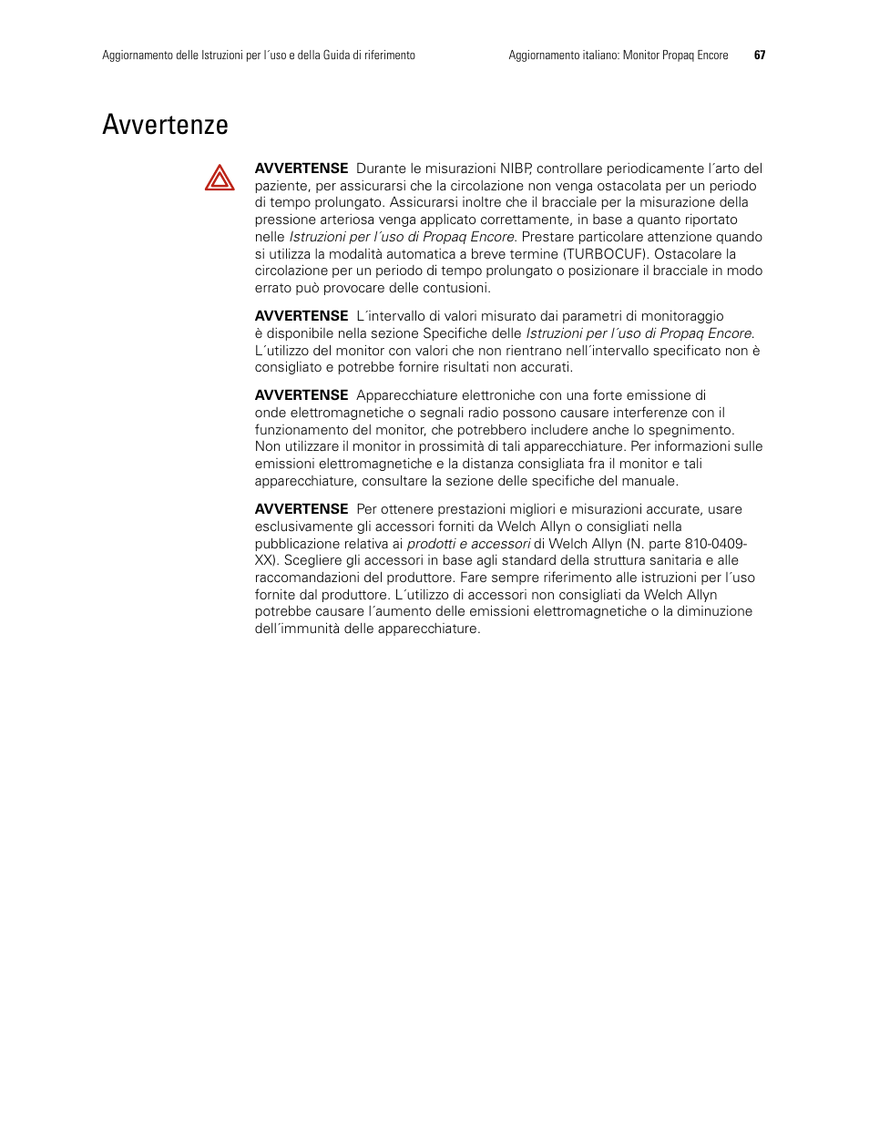 Avvertenze | Welch Allyn Propaq Encore Monitor - User Manual User Manual | Page 75 / 136