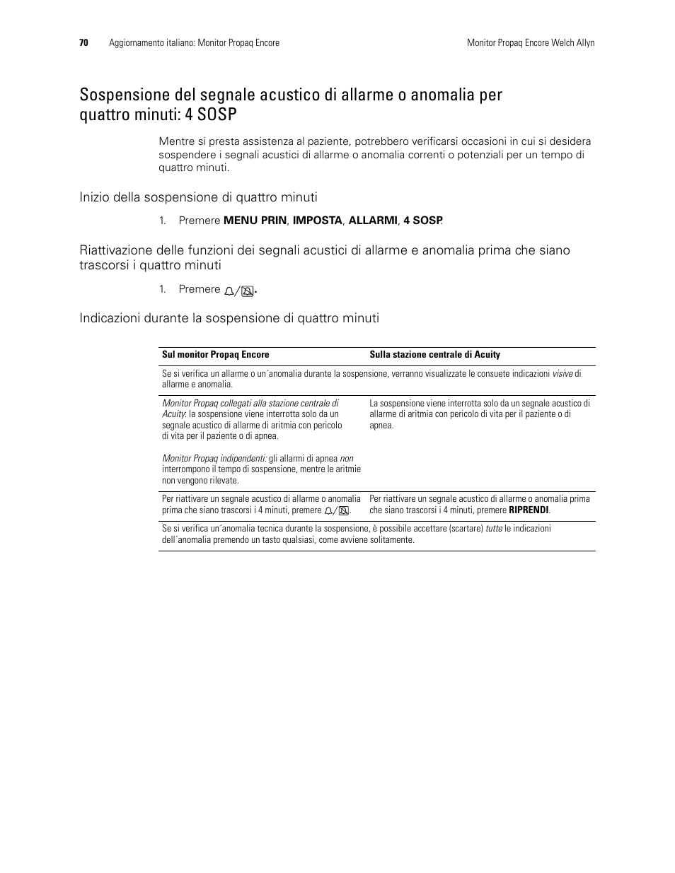 Inizio della sospensione di quattro minuti, Minuti: 4 sosp | Welch Allyn Propaq Encore Monitor - User Manual User Manual | Page 78 / 136