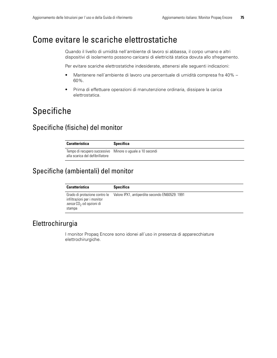 Come evitare le scariche elettrostatiche, Specifiche, Specifiche (fisiche) del monitor | Specifiche (ambientali) del monitor, Elettrochirurgia | Welch Allyn Propaq Encore Monitor - User Manual User Manual | Page 83 / 136