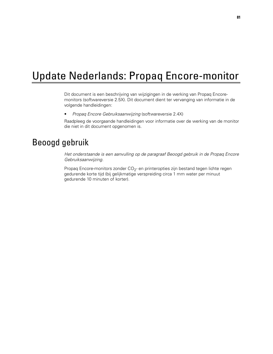 Update nederlands: propaq encore-monitor, Beoogd gebruik | Welch Allyn Propaq Encore Monitor - User Manual User Manual | Page 89 / 136