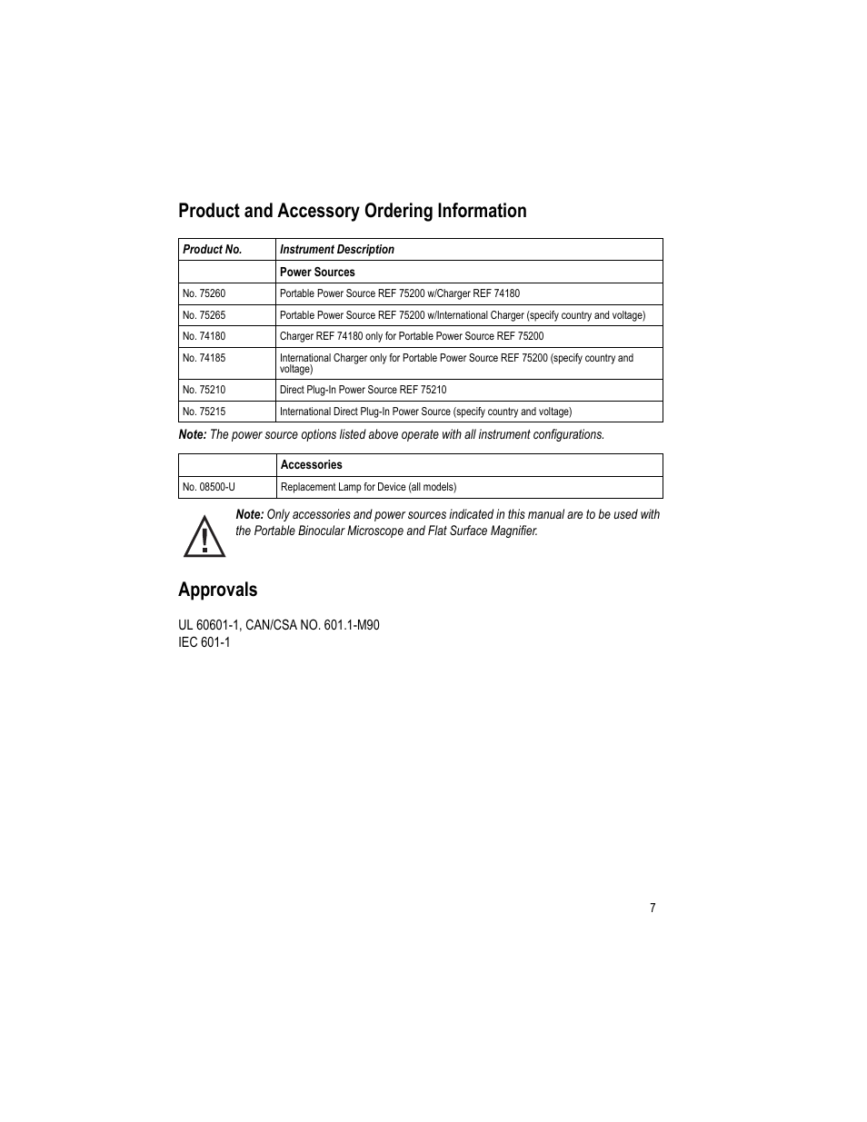 Product and accessory ordering information, Approvals | Welch Allyn Lumiview Portable Binocular Microscope Power Source - User Manual User Manual | Page 11 / 26
