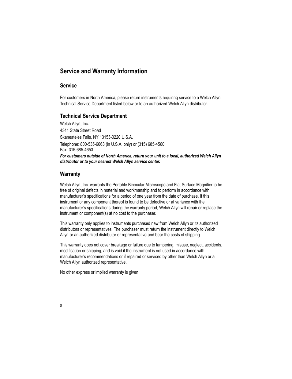 Service and warranty information | Welch Allyn Lumiview Portable Binocular Microscope Power Source - User Manual User Manual | Page 12 / 26