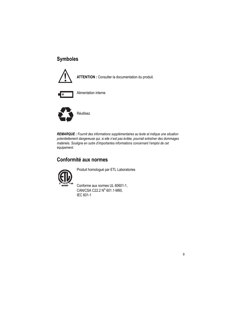 Symboles conformité aux normes, Symboles, Conformité aux normes | Welch Allyn Lumiview Portable Binocular Microscope Power Source - User Manual User Manual | Page 13 / 26