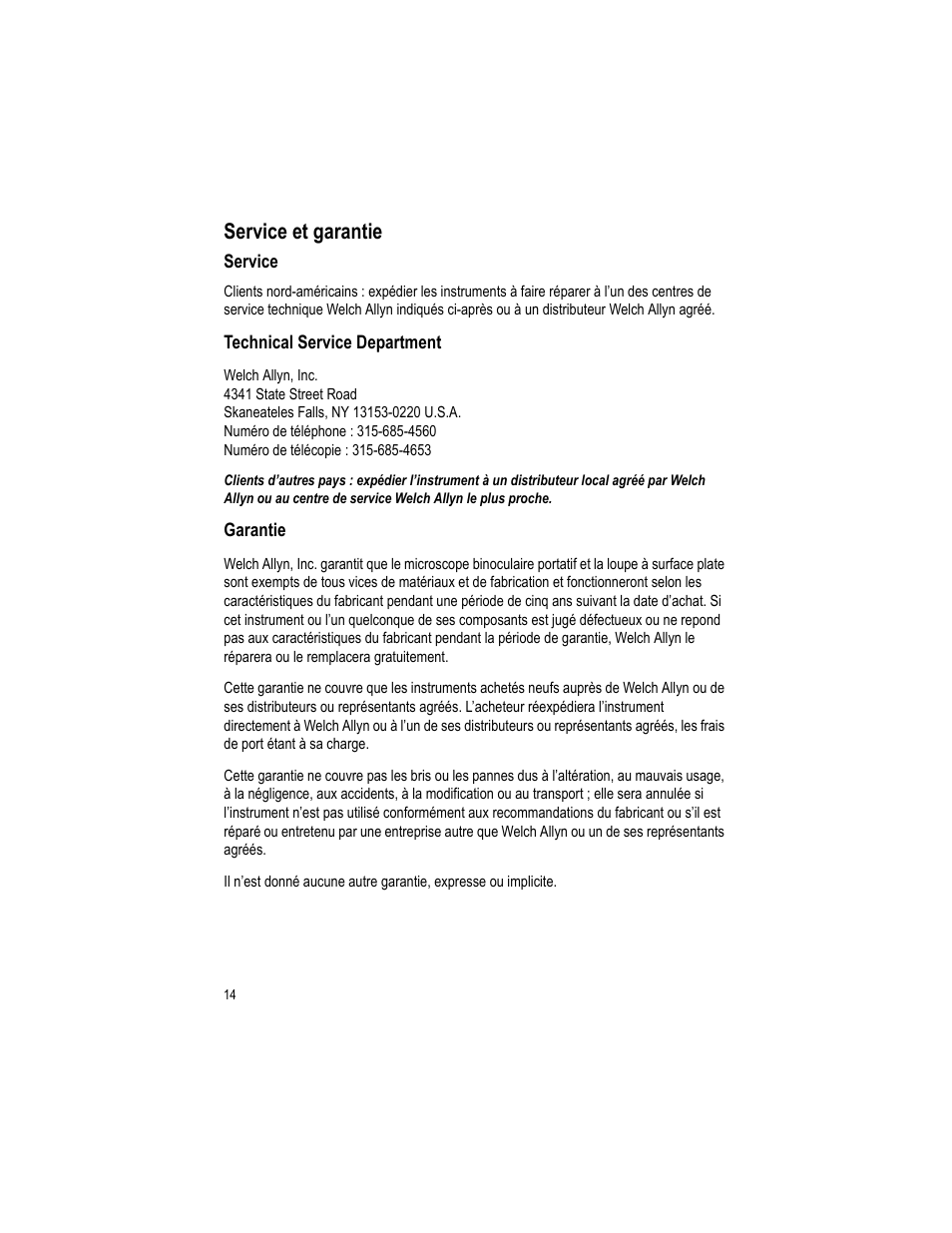 Service et garantie | Welch Allyn Lumiview Portable Binocular Microscope Power Source - User Manual User Manual | Page 18 / 26