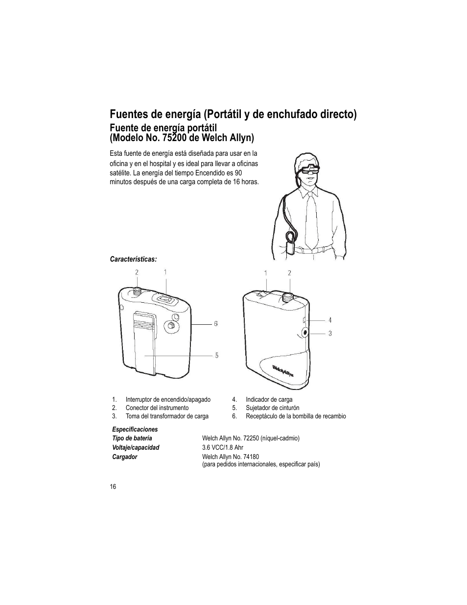 Fuentes de energía (portátil y de enchufado, Directo), Fuente de energía portátil (modelo no. 75200 | De welch allyn) | Welch Allyn Lumiview Portable Binocular Microscope Power Source - User Manual User Manual | Page 20 / 26