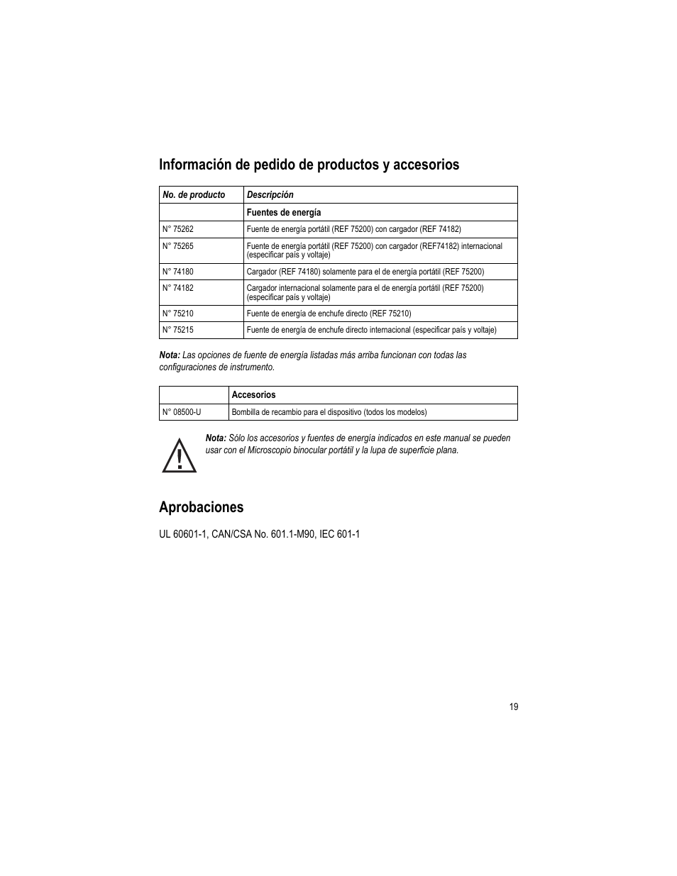 Información de pedido de productos y accesorios, Aprobaciones | Welch Allyn Lumiview Portable Binocular Microscope Power Source - User Manual User Manual | Page 23 / 26