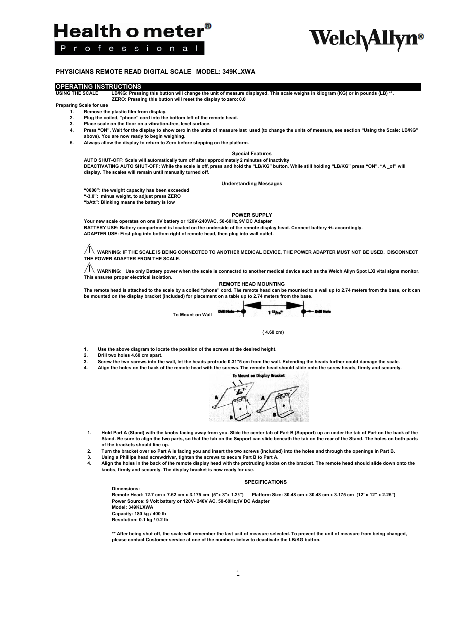 Welch Allyn 349KLXWA PHYSICIANS REMOTE READ DIGITAL SCALE - User Manual User Manual | Page 2 / 13