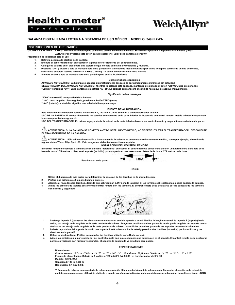 Welch Allyn 349KLXWA PHYSICIANS REMOTE READ DIGITAL SCALE - User Manual User Manual | Page 5 / 13
