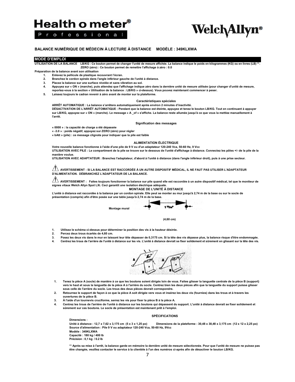 Welch Allyn 349KLXWA PHYSICIANS REMOTE READ DIGITAL SCALE - User Manual User Manual | Page 8 / 13