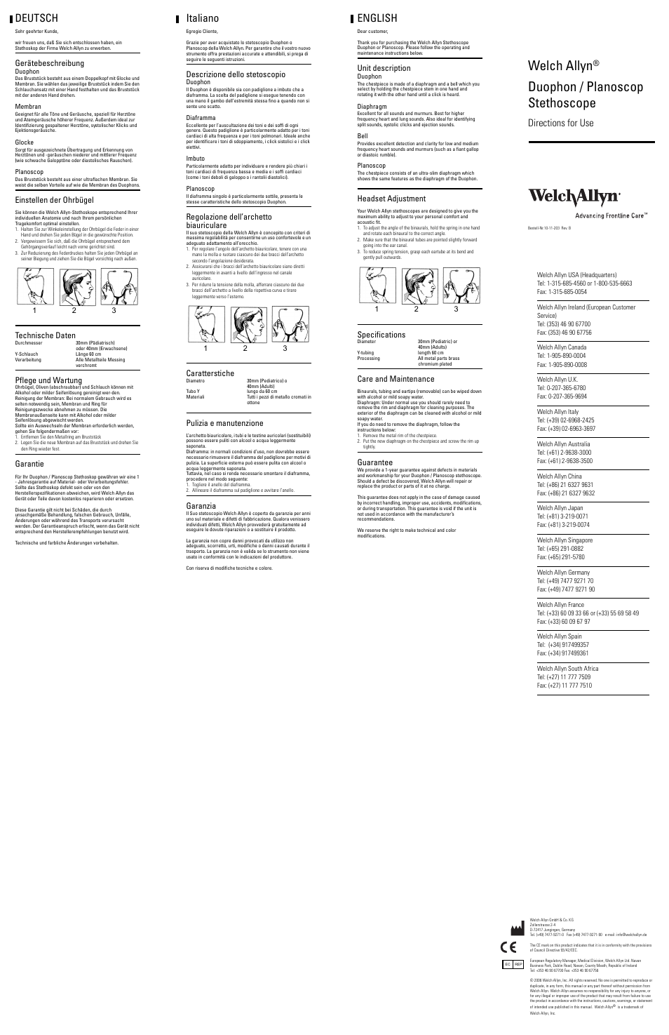 Welch Allyn Duophon / Planoscop Stethoscope - User Manual User Manual | 2 pages