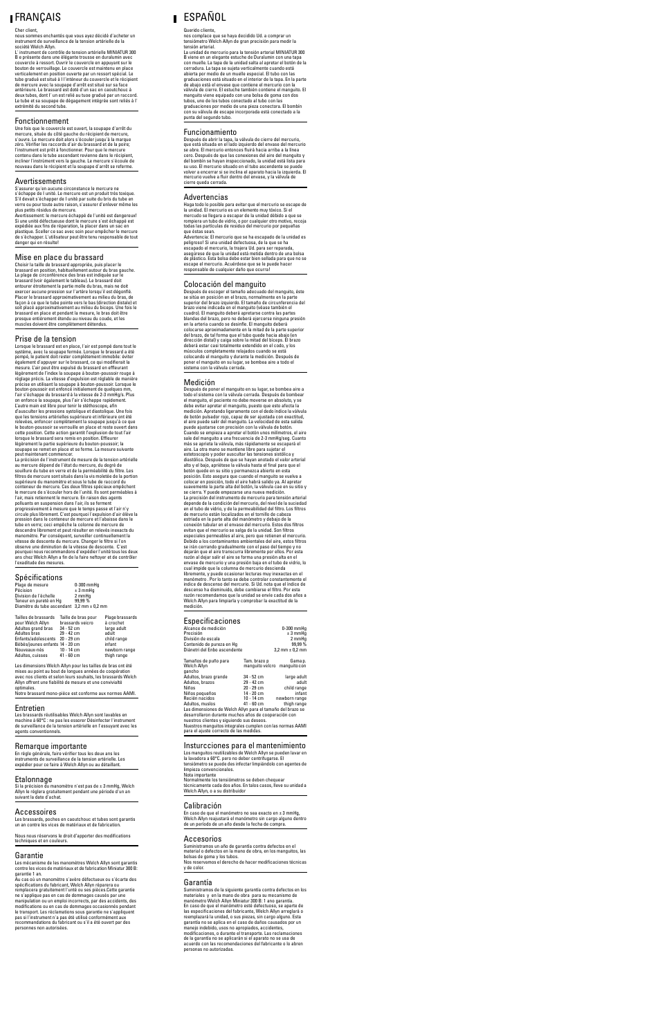 Français, Fonctionnement, Avertissements | Mise en place du brassard, Prise de la tension, Spécifications, Entretien, Remarque importante, Etalonnage, Accessoires | Welch Allyn Miniatur 300 B Mercury Blood Pressure Unit - User Manual User Manual | Page 2 / 2