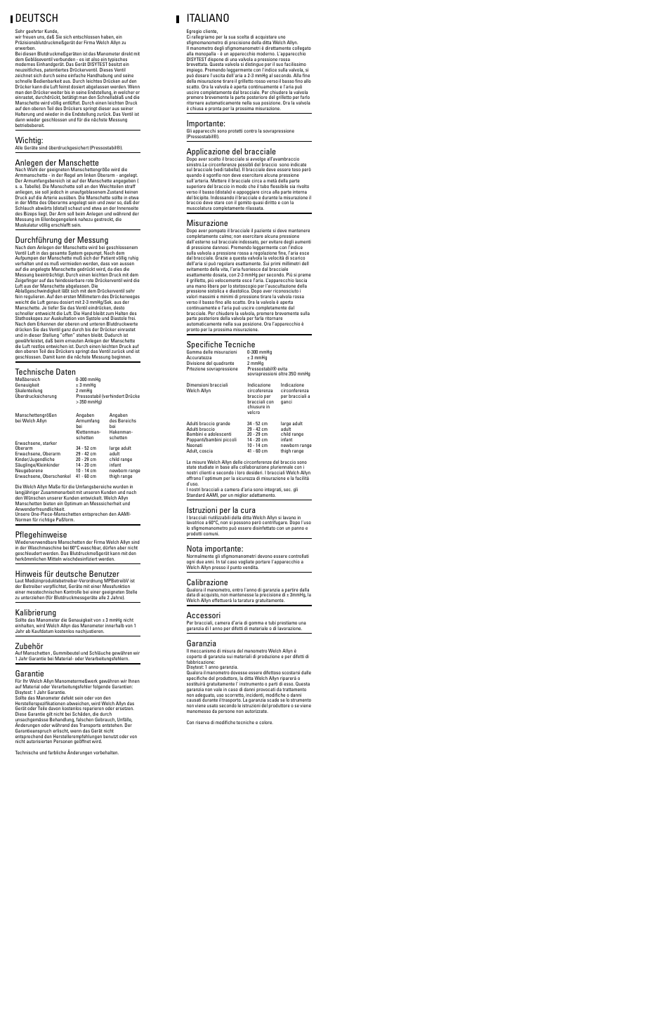 Deutsch, Wichtig, Anlegen der manschette | Durchführung der messung, Technische daten, Pflegehinweise, Hinweis für deutsche benutzer, Kalibrierung, Zubehör, Garantie | Welch Allyn Disytest Blood Pressure Meter - User Manual User Manual | Page 2 / 2