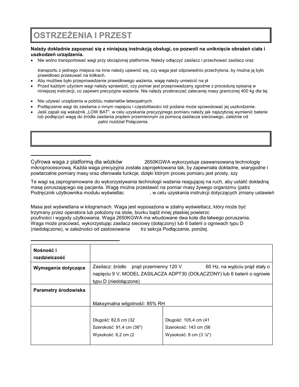Informacje ogólne, Specyfikacje wagi 2650 kgwa, Nośność i rozdzielczość | Wymagania dotyczące zasilania, Parametry środowiska, Wymiary fizyczne, Ostrzeżenia i przestrogi, Specyfikacje | Welch Allyn PROPLUS 2650KGWA Health-o-Meter Professional Scale - User Manual User Manual | Page 124 / 158