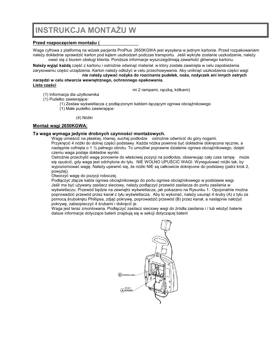Instrukcja montażu wagi 2650kgwa | Welch Allyn PROPLUS 2650KGWA Health-o-Meter Professional Scale - User Manual User Manual | Page 126 / 158