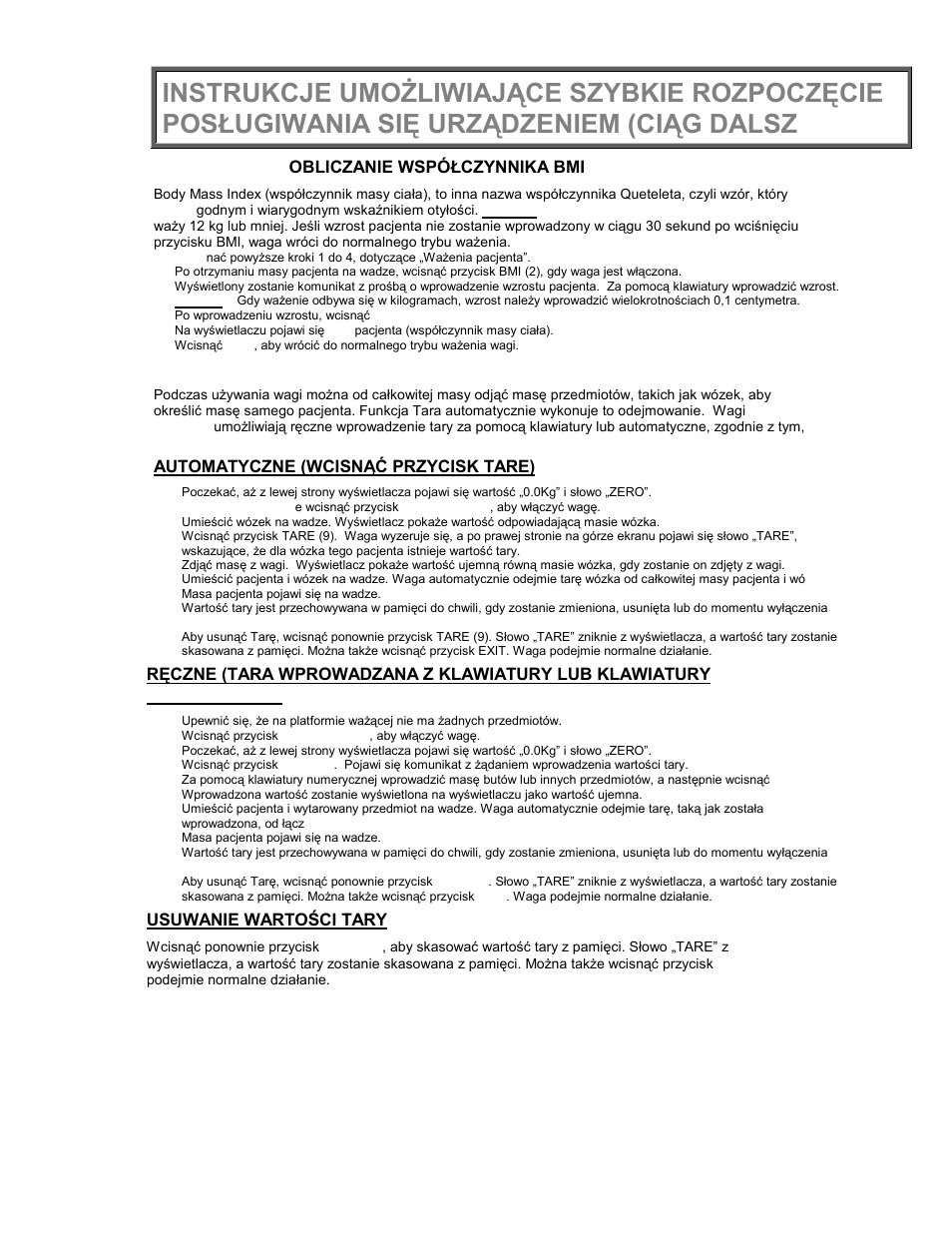 Obliczanie współczynnika bmi, Funkcja tary, Automatyczne (wcisnąć przycisk tare) | Usuwanie wartości tary | Welch Allyn PROPLUS 2650KGWA Health-o-Meter Professional Scale - User Manual User Manual | Page 129 / 158