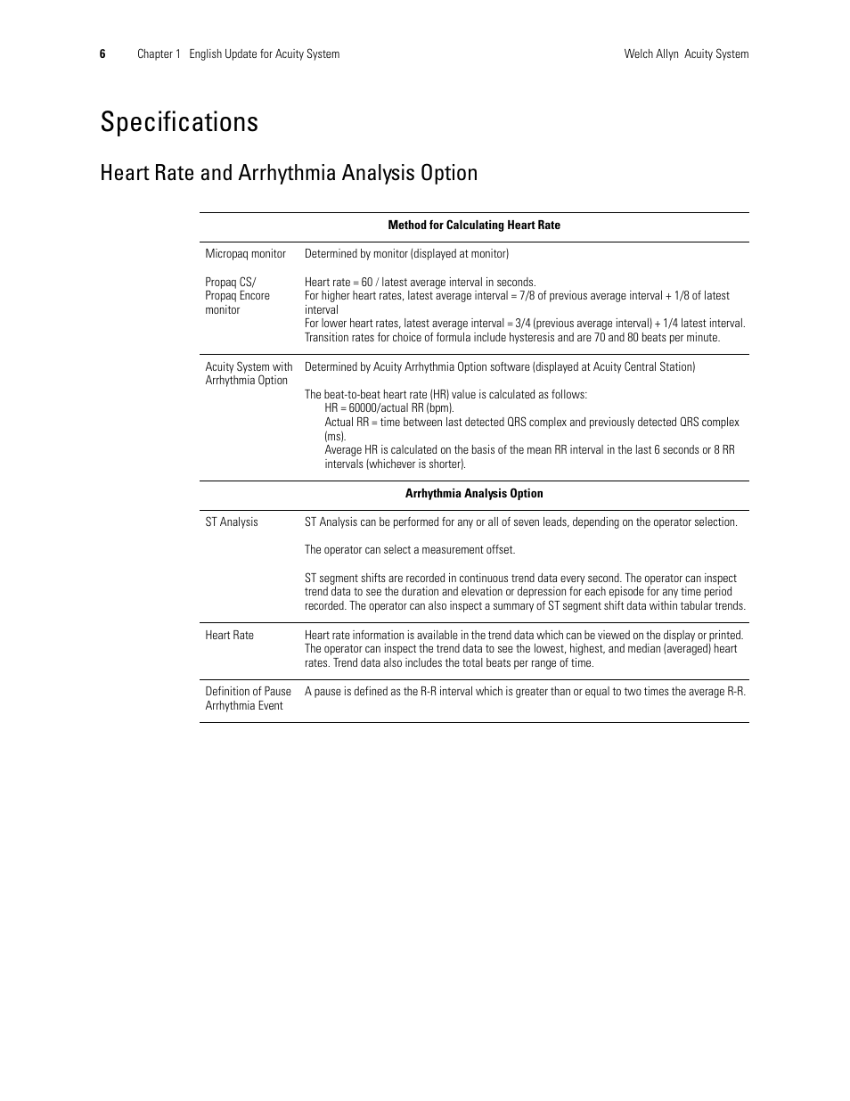 Specifications, Heart rate and arrhythmia analysis option | Welch Allyn Acuity 6.31.01 User Manual Update - User Manual User Manual | Page 10 / 64