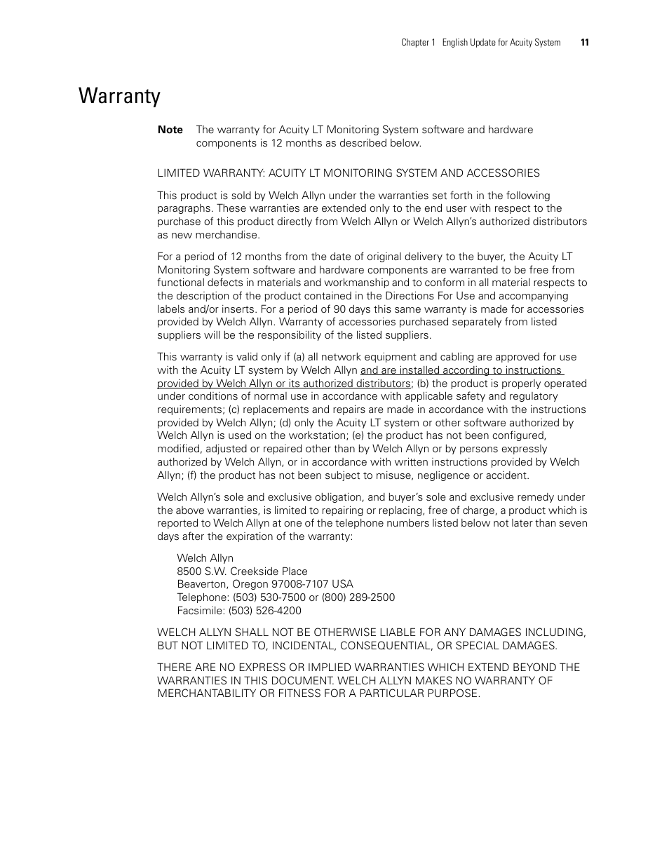 Warranty | Welch Allyn Acuity 6.31.01 User Manual Update - User Manual User Manual | Page 15 / 64