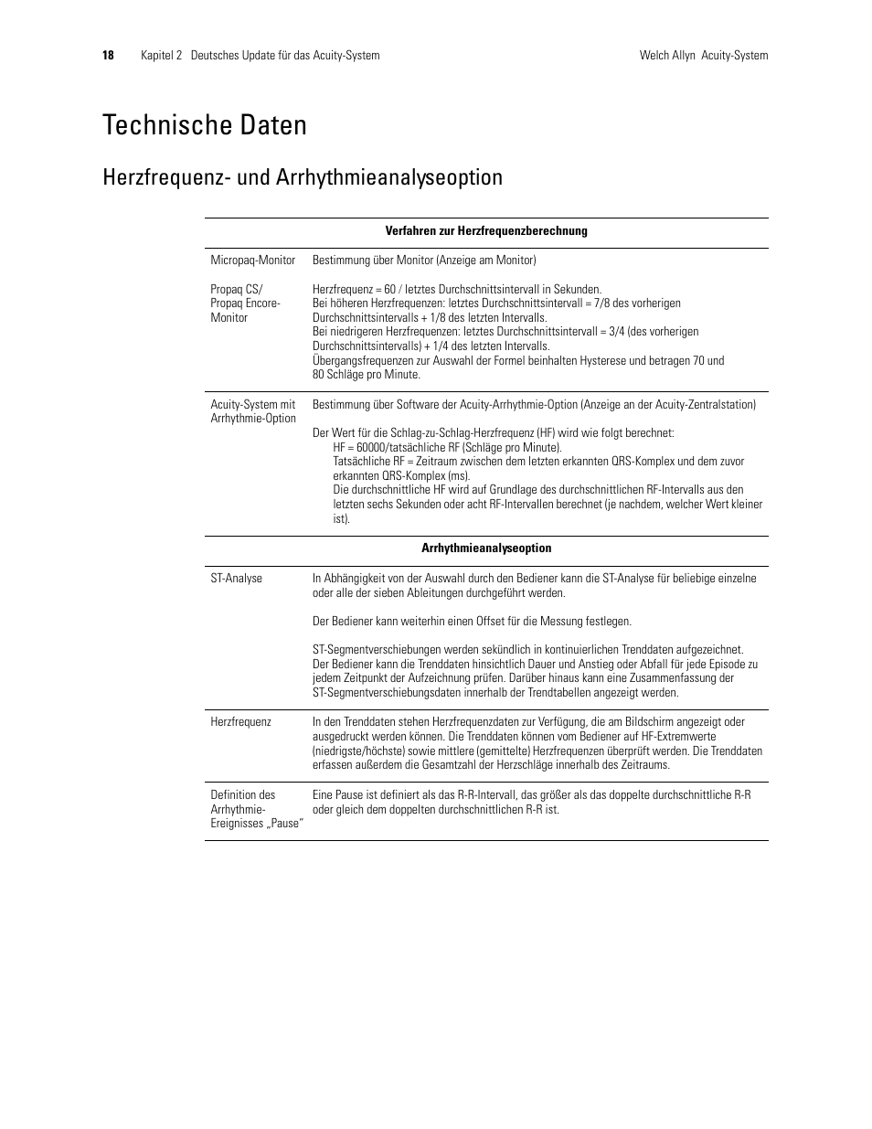 Technische daten, Herzfrequenz- und arrhythmieanalyseoption | Welch Allyn Acuity 6.31.01 User Manual Update - User Manual User Manual | Page 22 / 64