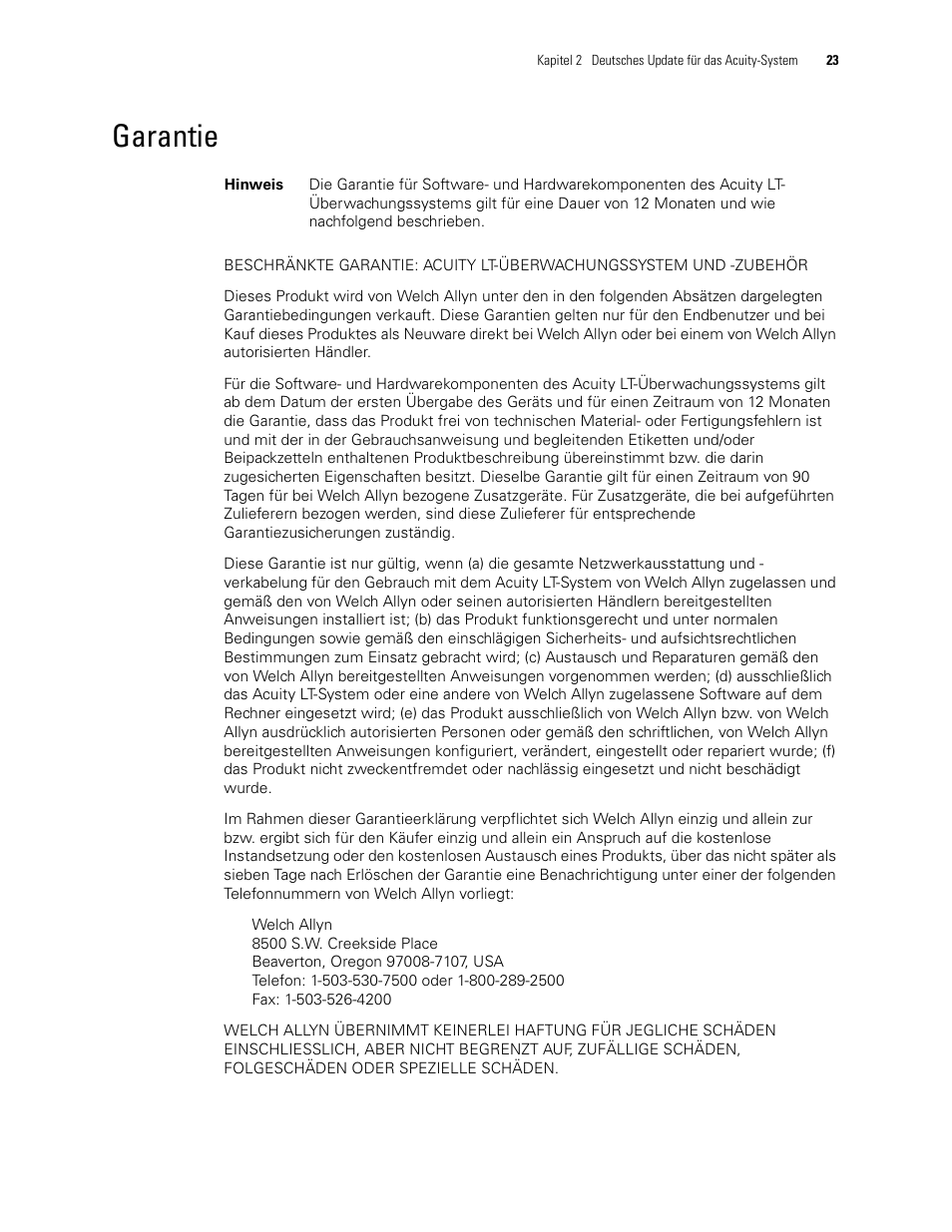 Garantie | Welch Allyn Acuity 6.31.01 User Manual Update - User Manual User Manual | Page 27 / 64
