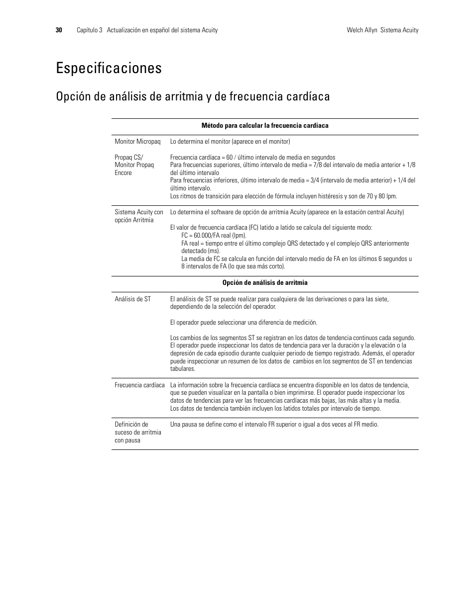 Especificaciones | Welch Allyn Acuity 6.31.01 User Manual Update - User Manual User Manual | Page 34 / 64