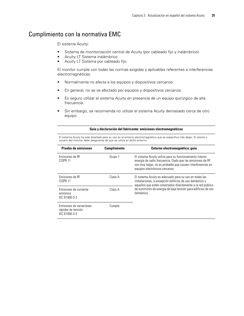 Cumplimiento con la normativa emc | Welch Allyn Acuity 6.31.01 User Manual Update - User Manual User Manual | Page 35 / 64