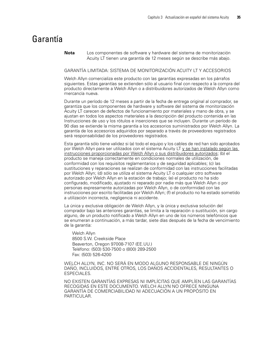 Garantía | Welch Allyn Acuity 6.31.01 User Manual Update - User Manual User Manual | Page 39 / 64